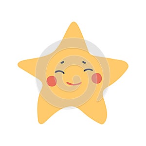 Flat yellow star character with a smile, element for application, baby shower, children s party. Vector cartoon