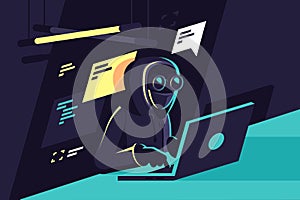 Flat young hacker programmer with laptop hacks programms and site.