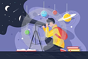 Flat young man with book and telescope studying solar system with planet.