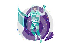 Flat young man cosmonaut with beard and future interface in space.