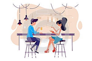 Flat young man and woman on date with drink in bar.