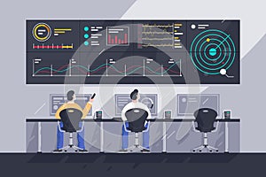 Flat young men employee with screens with charts at control center.