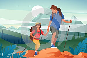 Flat young woman and man couple hiking in mountains.