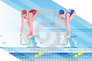 Flat young woman silhouette with sport swimsuit in swimming pool.