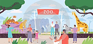 Flat zoo entrance gates with visitor family and kids. Cartoon safari park with people and african savannah animals in