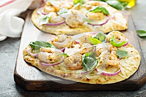 Flatbread with cheese and garlic shrimp