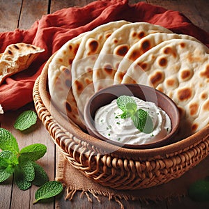 Flatbreads in a basket with a bowl of mint yogurt dip
