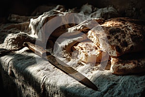 Flatbreads and Blade on Wrinkled Linen