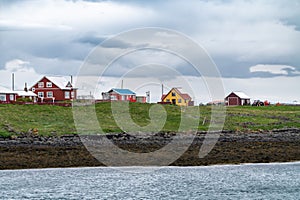 Flatey Island, Iceland - July 2, 2023: Buildings and homes on Flatey Island, a small island in the Breidafjordur Bay