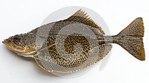 flatfish from the Pleuronectiformes order is presented with its distinct flattened body and patterned skin against a photo