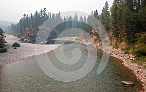 Flathead and Spotted Bear Rivers meeting point in the Bob Marshall wilderness area during the 2017 fall fires in Montana USA