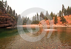 Flathead and Spotted Bear Rivers meeting point in the Bob Marshall wilderness area during the 2017 fall fires in Montana USA