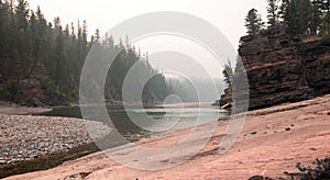 Flathead and Spotted Bear Rivers meeting point in the Bob Marshall wilderness area during the 2017 fall fires in Montana USA