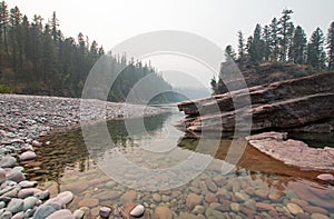 Flathead and Spotted Bear Rivers meeting point in the Bob Marshall wilderness area during the 2017 fall fires in Montana USA