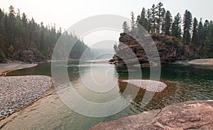 Flathead and Spotted Bear Rivers meeting point in the Bob Marshall wilderness area during the 2017 fall fires in Montana USA