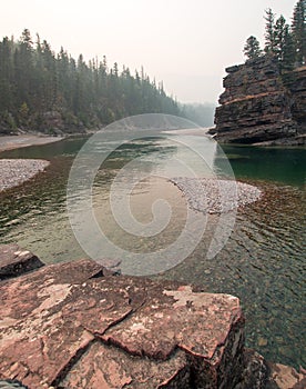 Flathead and Spotted Bear Rivers meeting point in the Bob Marshall wilderness area during the 2017 fall fires in Montana USA