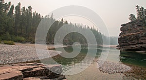 Flathead and Spotted Bear Rivers meeting point in the Bob Marshall wilderness area during the 2017 fall fires in Montana USA