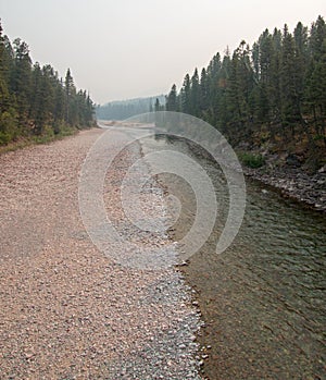 Flathead and Spotted Bear Rivers meeting point in the Bob Marshall wilderness area during the 2017 fall fires in Montana USA