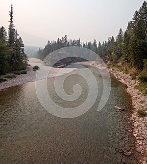 Flathead and Spotted Bear Rivers meeting point in the Bob Marshall wilderness area during the 2017 fall fires in Montana USA