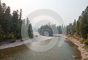 Flathead and Spotted Bear Rivers meeting point in the Bob Marshall wilderness area during the 2017 fall fires in Montana USA