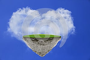 Flating island with green grass field on blue sky against heart shape cloud