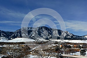 Flatirons Mountains in Boulder, Colorado on a Cold Snowy Winter