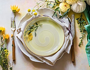 Flatlay business card for restaurateur or wallpaper, with set table, plate fork, knives and napkin