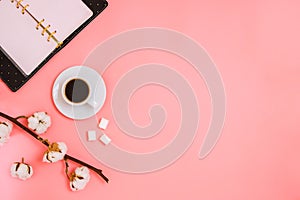 Flatlay with cup of espresso, cotton branch, sugar cubes and planner,