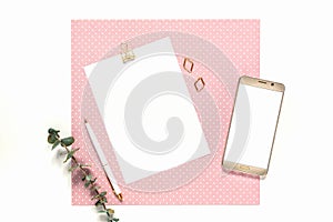 Flatlay desk table. Workspace with clipboard, pen, mobile phone and eucalyptus branch on pink and white background. Copy space,