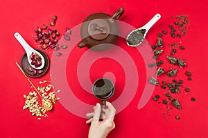 Flatlay frame arrangement with Chinese green tea leaves, rose buds, jasmine flowers, tea pot and woman`s hands holding tea cup