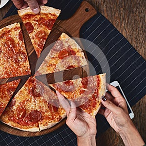 Flatlay. Friends eat pizza.