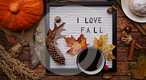 Flatlay letter board with sign love Fall