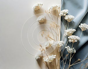 Flatlay neutral tone, blue and beige, floral, empty space on the left, soft and zen colors