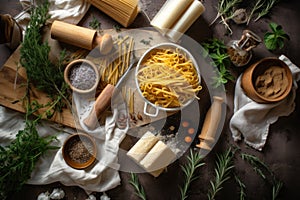 flatlay of pasta-making tools, dough, and herbs