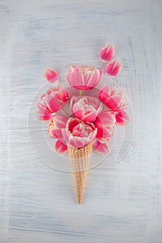 Flatlay waffle sweet ice cream cone with pink tulips blossom flowers over white wood background