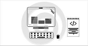 Developer Workspace with Code Notebook and Monitor â Flat Vector