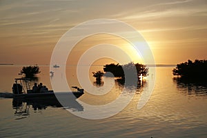 Flats fishing boat at sunet in the the Florida Keys