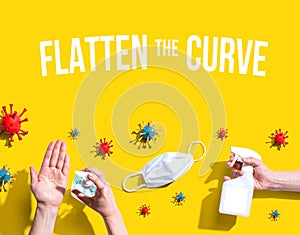 Flatten the Curve theme with viral and hygiene objects