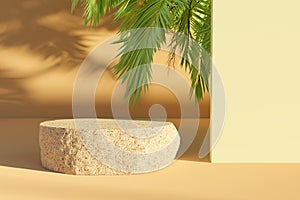 Flattened rock for product presentation with palm leaves