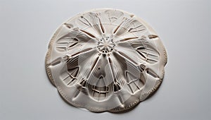 Full-body sand dollar in flattened top-down pose with star pattern, isolated on white photo