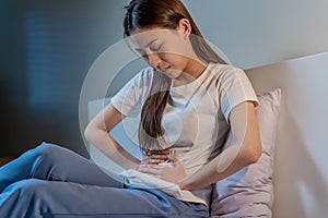 Flatulence ulcer, asian young woman in belly, stomach ache from food poisoning, abdominal pain and digestive problem, gastritis or