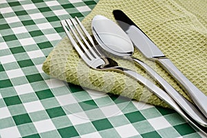 Flatware on green Gingham table cloth