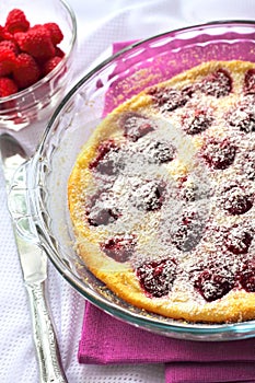 Flaugnarde with raspberries