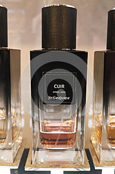 Flavor of unisex perfume for men and women Cuir Yves Saint Laurent perfume and cosmetics store February 10, 2020 in Russia, Kazan