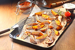 Flavored Fried Potatoes on Black Tray with Paper