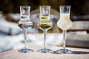 Flavored Grappa Schnapps glasses in Cortina d`Ampezzo, Dolomites, Italy