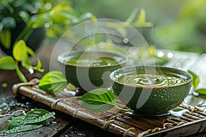 flavored green tea on wooden table with leaves over side, translucent water. Generative AI