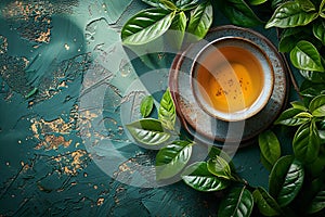 flavored green tea on wooden table with leaves over side, translucent water. Generative AI