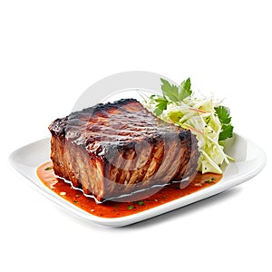 A flavorful and aromatic BBQ rib in a square glass dish, garnished with fresh herbs