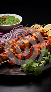 Flavorful charmers Indian chicken tikka kebabs, roasted, accompanied by chutney and onions
